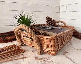 Wicker Tray For Coffee Table, Wicker basket Fruit Tray, Rectangular Tray with Jute Handles, Ottoman tray, Cookie Basket