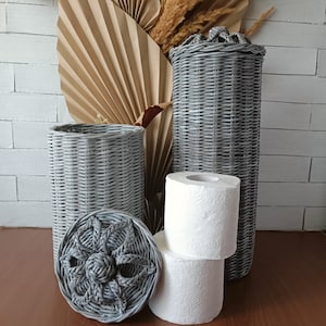 Toilet Paper Basket with Flower Handle, Woven Marble Gray Storage for 2 or 3 Rolls, Minimalist Bathroom Organizer