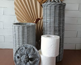 Toilet Paper Basket with Flower Handle, Woven Marble Gray Storage for 2 or 3 Rolls, Minimalist Bathroom Organizer