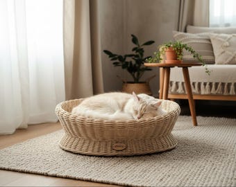 Luxury Wicker Cat Couch, Designer Pet Furniture, Handmade Cat Bed, Modern Oval Pet Lounge, Small Dog Bed