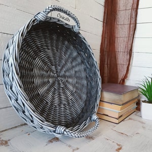 Scandinavian round wicker tray 12", Coffee Table Tray, grey wicker basket tray, Wicker basket Fruit Tray, vintage style gray tray