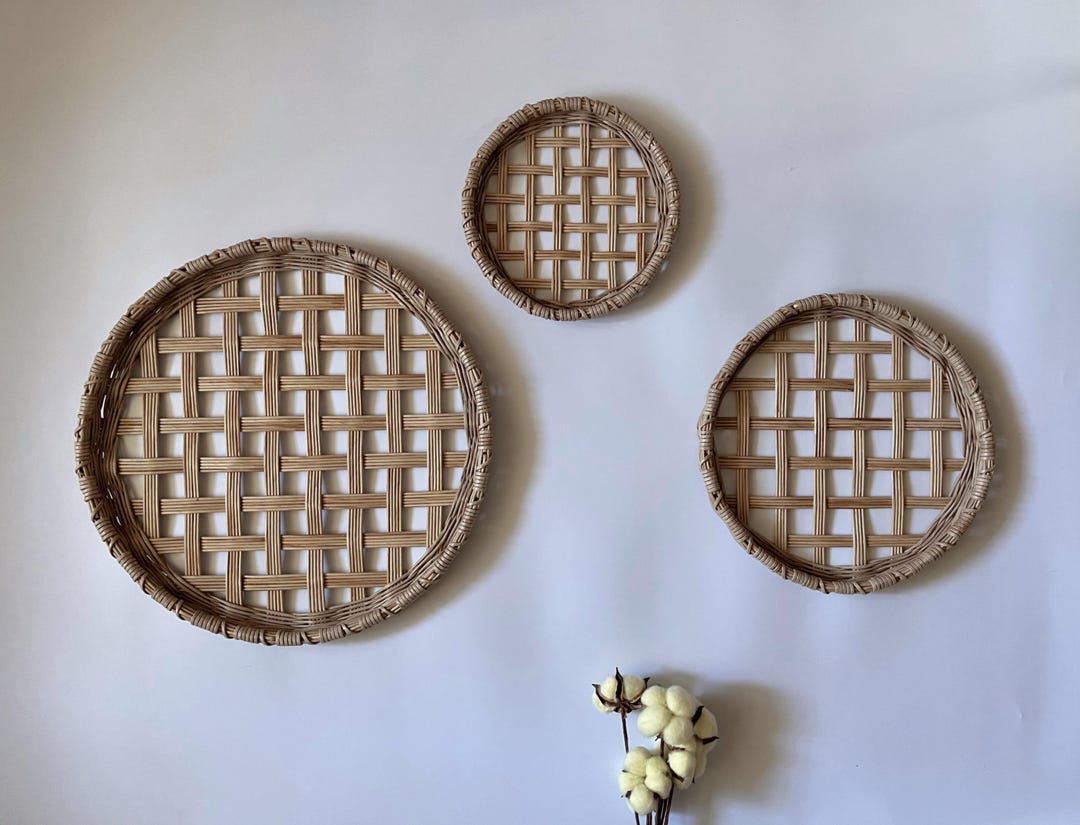 Set of 3 Round Tobacco Basket Wall Decor, Wicker Hanging Basket, Large