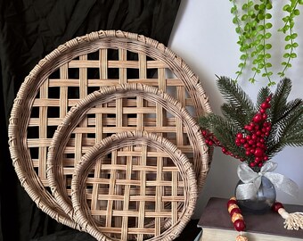 set of 3 tobacco baskets Antique Style Wicker Rattan Rustic Modern Farmhouse Each basket has a pair of jute handles for versatility and a farmhouse design Set of 3 White Rectangular