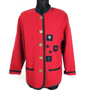 VINTAGE Austria Wollwalk Jacke: Roter Trachten Stick Herz Blumen Blazer, M/L Damen