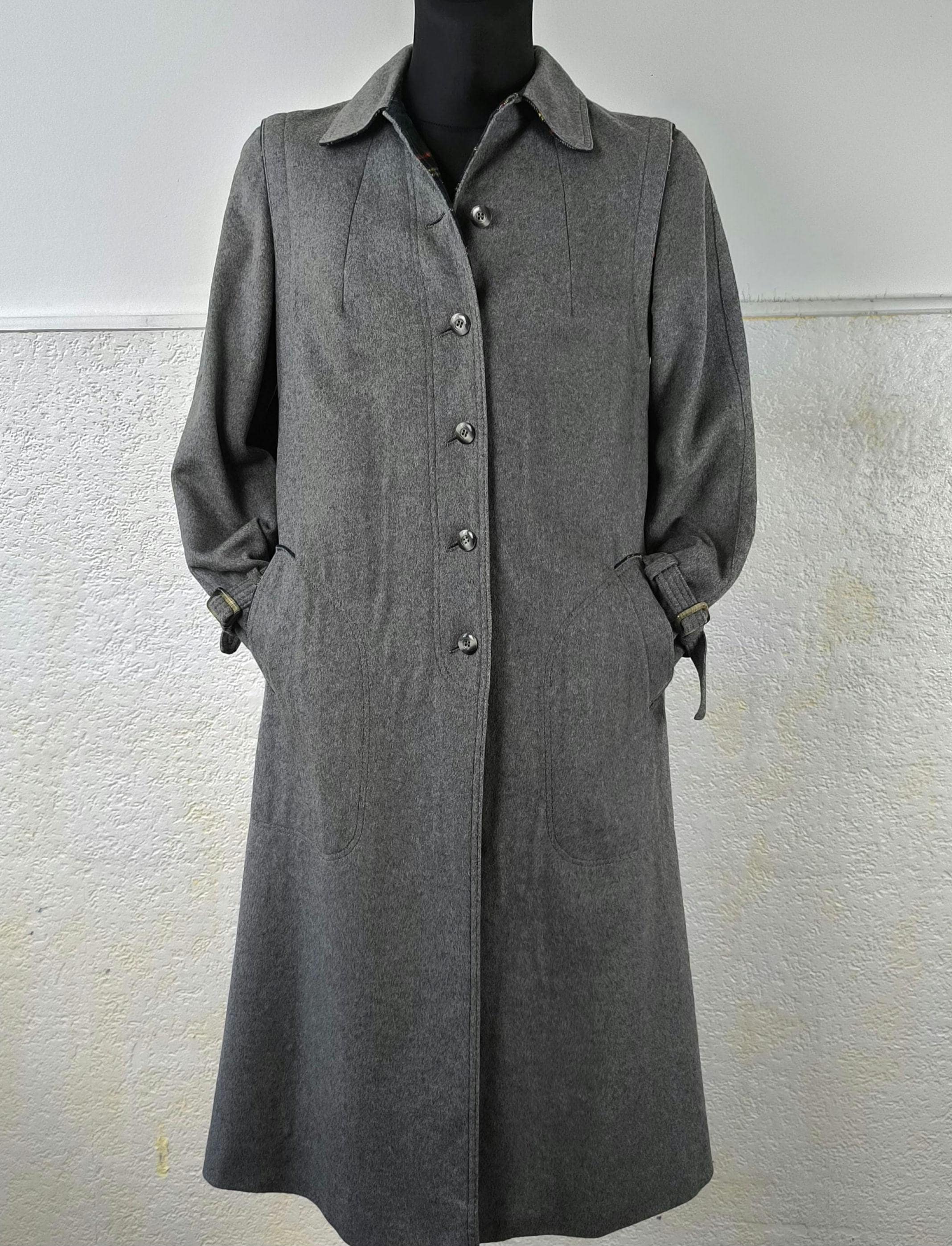 70年代ヴィンテージウールローデンコート：グレーチェック柄裏地