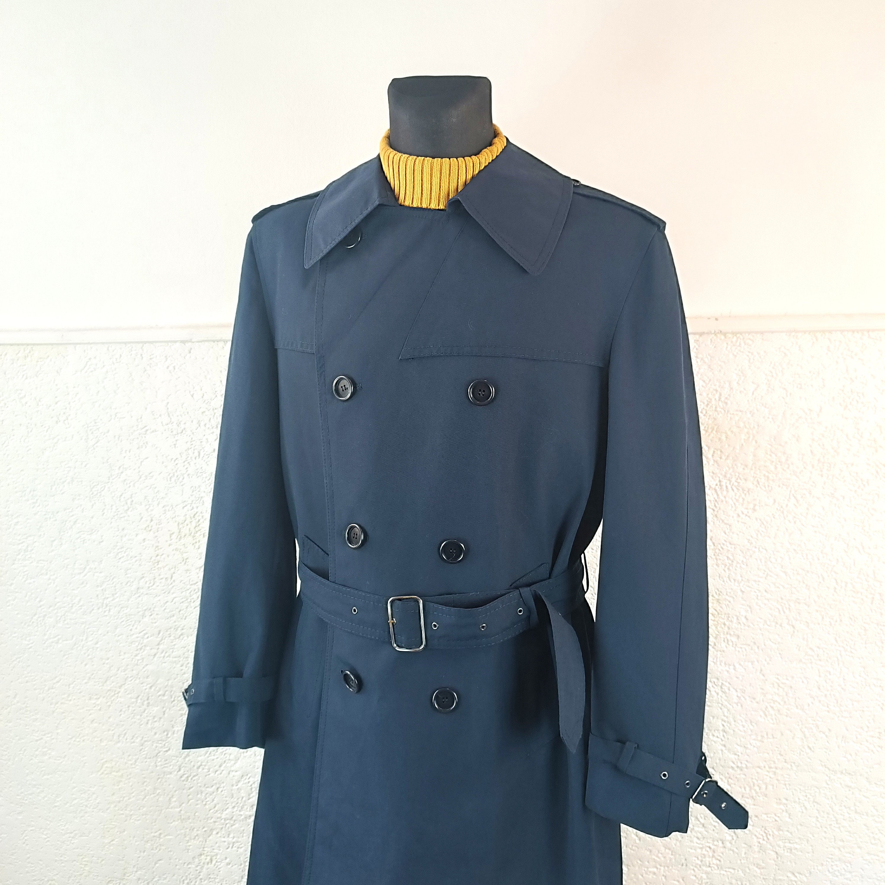 70s 80s Vintage Sweden JUNESCO Trench Coat / Navy Blue Long Mac Classic Street Wear / US L 70s 80s Vintage Sweden JUNESCO Trench Coat / Navy Blue Long Mac Classic Street Wear / US L