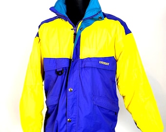 Kurtka narciarska z kapturem wodoodporna EVEREST z lat 90.: bloki kolorów w kolorze niebiesko-żółtym, rozmiar M