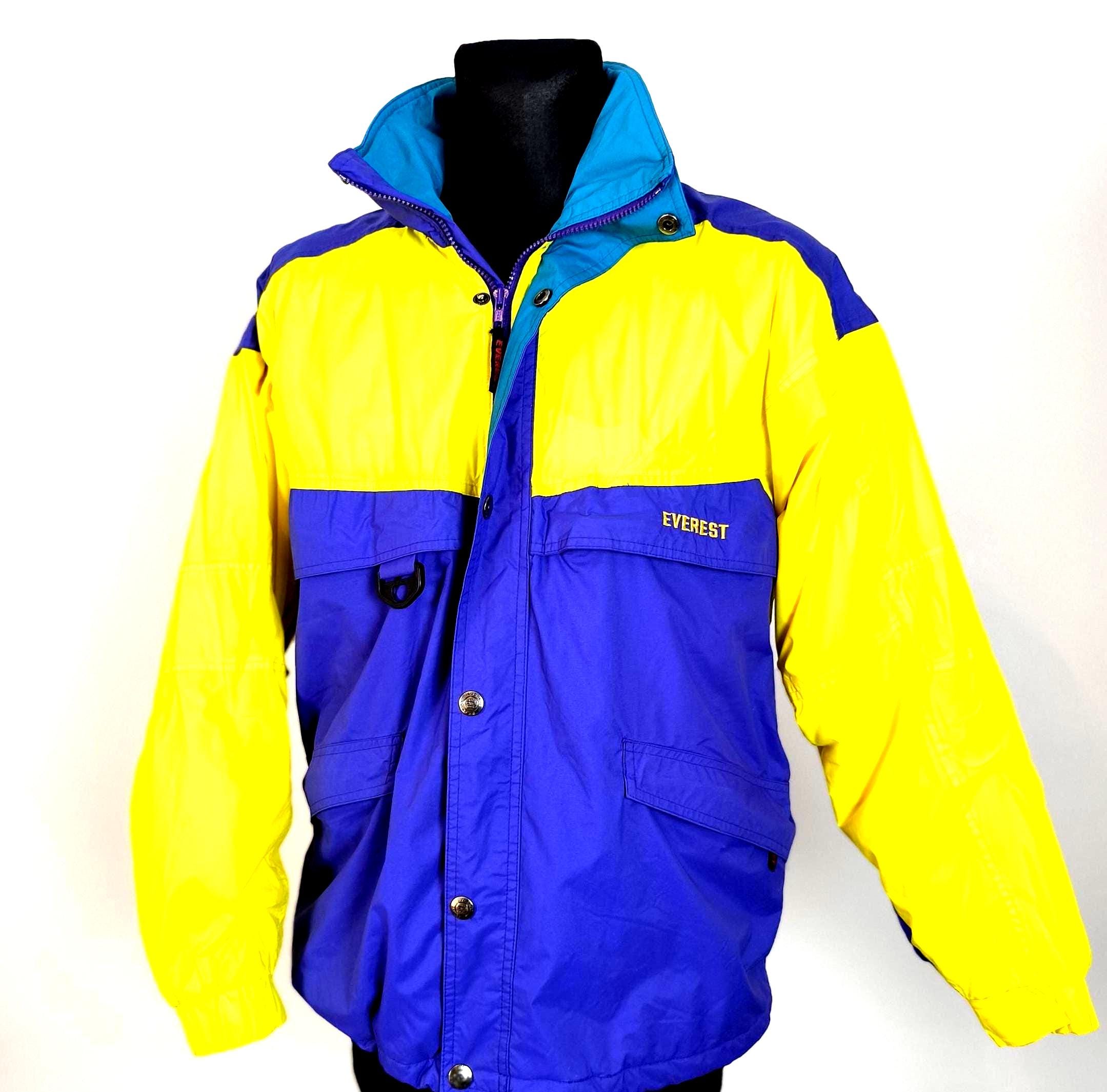 90s EVEREST Waterproof Hooded Ski Jacket: Blue Yellow Colourblock