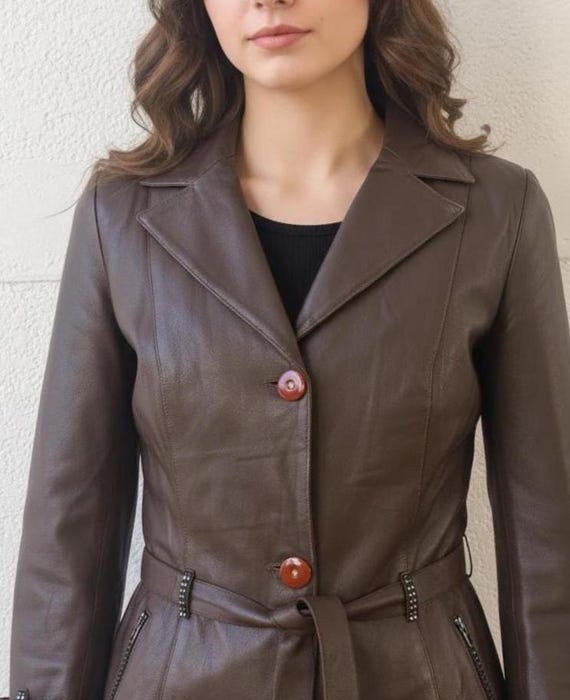 Brown Leather Trench Coat With CRYSTAL: Vintage 70s Classic Jacket