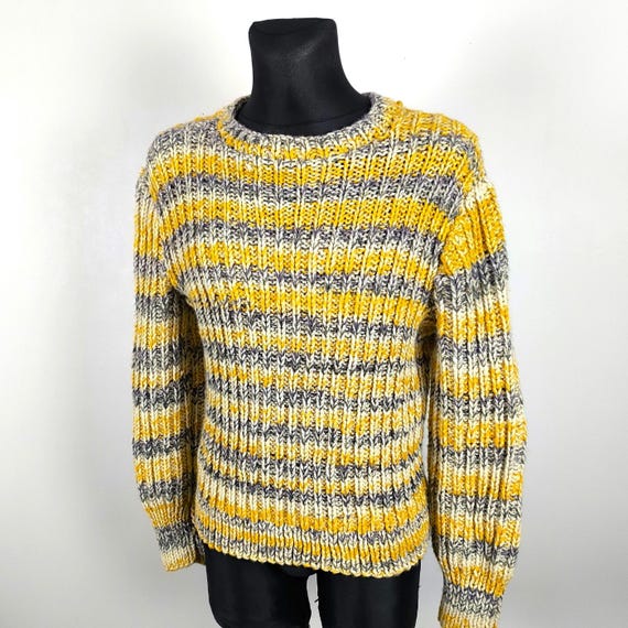Yellow Grey Striped Pullover: Vintage Wool Knit Oversized Sweater, Small Medium