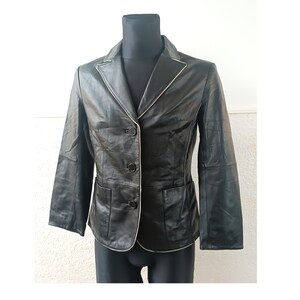Veste vintage en cuir d'agneau / Blazer noir cool avec blanc, taille L Femme