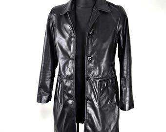 VINTAGE mjuk lädertrenchcoat: Klassisk figursydd midi-lång jacka, S/M Dam