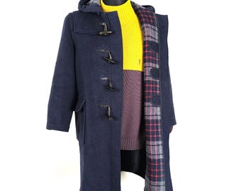 Vtg Tartaneer Gloverall English Duffle Coat Blue Wool Tartan Plaid