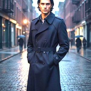 May include: A navy blue trench coat with a double-breasted design, a belt, and pockets. The coat is worn by a person standing on a cobblestone street. The background shows a city street with buildings and people.