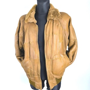 Abrigo vintage de piel de oveja con parches: chaqueta bomber aislante de invierno color camello, talla mediana para hombre