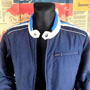 Retro Switzerland Puffer Ski Jacket: Navy Fit Vintage Old school patch logo, S M Men