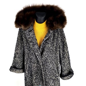 Sobretudo vintage de lã cinza com gola de pele / Casaco de inverno de meados do século | Tamanho M feminino