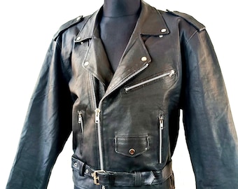 Vintage Echtleder Cyberpunk Motorrad Biker Schwarze Jacke Astor, Größe Medium Men