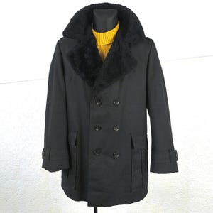 Vintage 70s Double Breasted PeaCoat with Faux Fur Collar / Black Winter Overcoat, size M Men