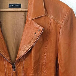 Vintage Orange Genuine Leather Zip Jacket / Tan Brown Festival Jacket, size M Women