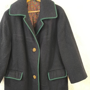 70s Vintage Wool Loden Coat: Black Winter Overcoat, Green Trim (M/L)
