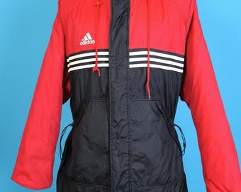 Chaqueta cortavientos acolchada Adidas de los años 80, líneas rojas, negras y blancas, talla L/XL