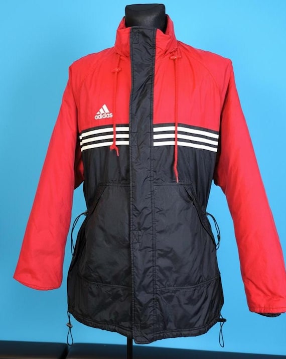80s Adidas Padded Windbreaker Jacket, Red Black White Lines Size L