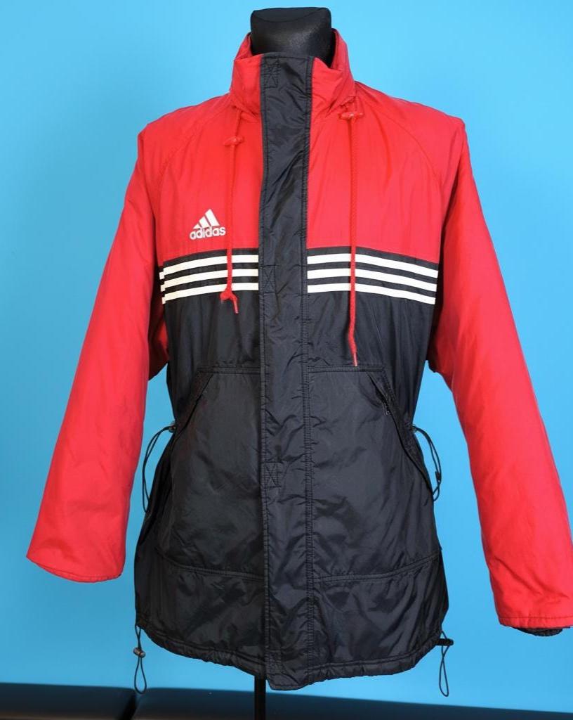 80s Adidas Padded Windbreaker Jacket, Red Black White Lines Size L