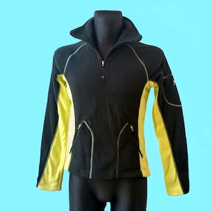 Vintage Helly Hansen Fleece-tröja: Svart Gul Blommig Dragkedja Sportjacka, Medium