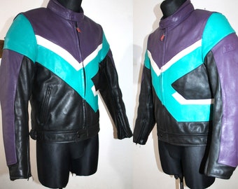 Vintage Motorradjacke Herren, Motorrad Lederjacke, Racer Jacke, Bunte Jacke, POLO Jacke, Vintage Moto Jacke Größe 52 Medium M