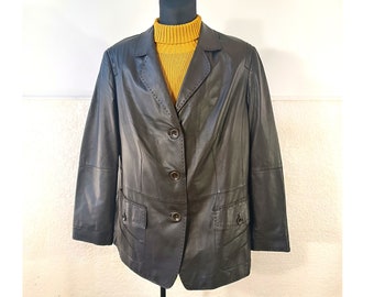 Veste en cuir d'agneau, blazer en cuir noir, veste cool, veste en cuir véritable, veste de festival, veste en cuir d'agneau, blazer vintage taille L