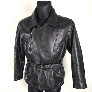 Vintage Heavy Leather Black Motorcycle Biker Jacket, size Small Men