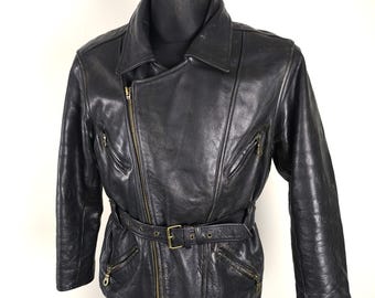 Vintage Heavy Leather Black Motorcycle Biker Jacket, size Small Men