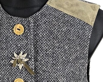 Colete de lã tweed espinha de peixe austríaco dos anos 80: Colete de inverno vintage em camurça, tamanho M/G feminino.
