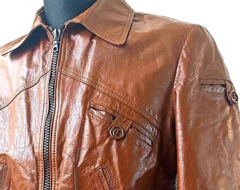 Brown Leather Bomber: Cropped Casual Festival Seventies Jacket, S-M