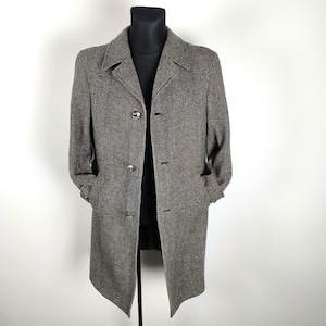 Casaco de lã pura Houndstooth / Vintage anos 80 marrom cinza clássico tweed inverno sobretudo, tamanho médio masculino