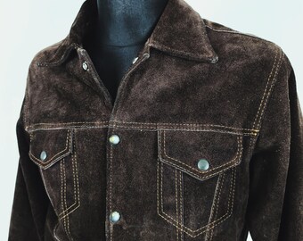 Chess King Heavy Suede Leather Jacket / Vintage 70s Austria Brown Bomber, size Small Medium Men