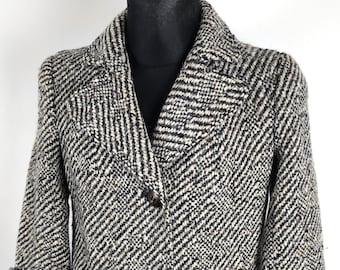 Herringbone Tweed Trench Coat / Classic Pure Wool Vintage Overcoat,  size Medium Women