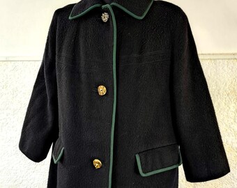 Vintage Boiled Wool Coat: Black Winter Plaid Lining Oversized Loden, L-XL Women