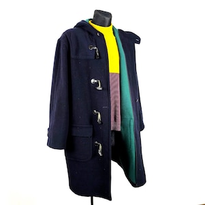Duffle-coat Schneiders vintage : laine à capuche bleu marine loden d'hiver, moyenne grande