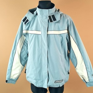 Vintage PROTEST Windbreaker Jacket: Geotech Hood Ski Raincoat Baby Blue White, L Women