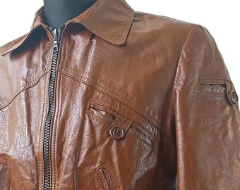 Vintage 80s Tan Leather Bomber Jacket, size M unisex