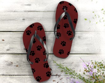 Purpurrote und schwarze Pfotenabdruck-Flip-Flops für Panther, Wildkatzen und andere Schulmaskottchen