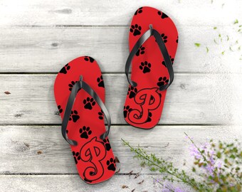 Rote und schwarze Pfotenabdruck-Flip-Flops für den Petal Panthers Petal School District in Petal, Mississippi