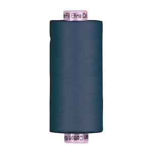 May include: A spool of dark blue sewing thread with a cylindrical shape. The top and bottom caps are light pink and feature the printed text WonderFil Efina Cotton 60. The thread is wound tightly around the central core in a smooth, uniform layer.