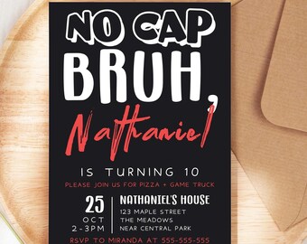 Bruh Birthday Invitation, No Cap Bruh, Teenager Party Invite, Bruh It's My Birthday Template, Teen Boy Party, Pizza and Pool Invite