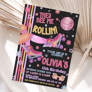Editable Skate Party Birthday Invitation, Groovy Floral Invite, Let&#39;s Roll, Retro Groovy Roller Skate Printable Digital Invitation, Canva