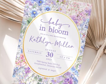 Invitación para baby shower con flores silvestres Invitación para baby shower con bebé en flor Invitación para baby shower con flores silvestres de primavera Baby Shower floral de primavera para niña