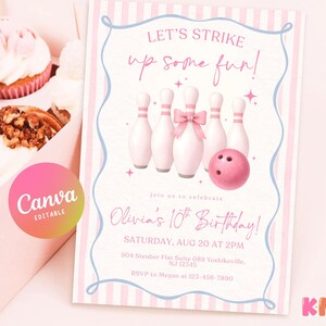Pink Bowling Birthday Invitation Strike up Some Fun Pink Bow Bowling Girl Birthday Invite Preppy Bowling Invite Editable Canva Template image 2