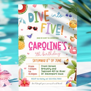 Girl Pool Party Invite Dive Into Five Girl 5th Birthday Party Editable Girl Summer Birthday Printable Splish Splash Girl Birthday Invite